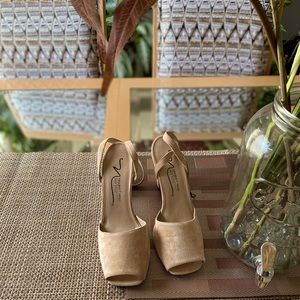 Nude color pre loved ultra suede wrap heels